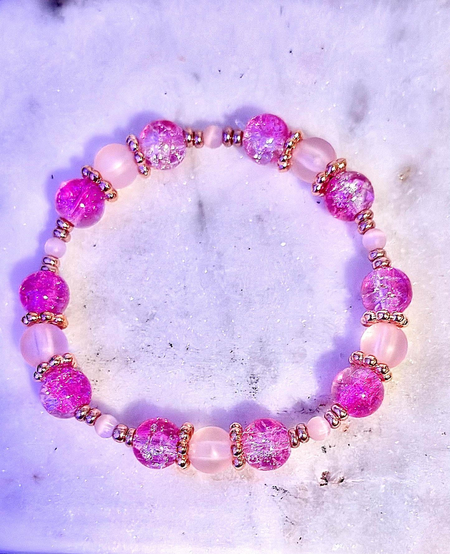 Crystal Bracelet / Crackled Glass / Cat's Eye / Pink &Clear
