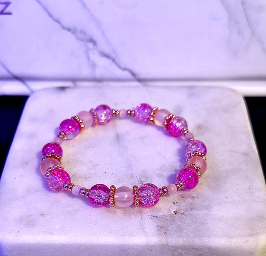 Crystal Bracelet / Crackled Glass / Cat's Eye / Pink &Clear