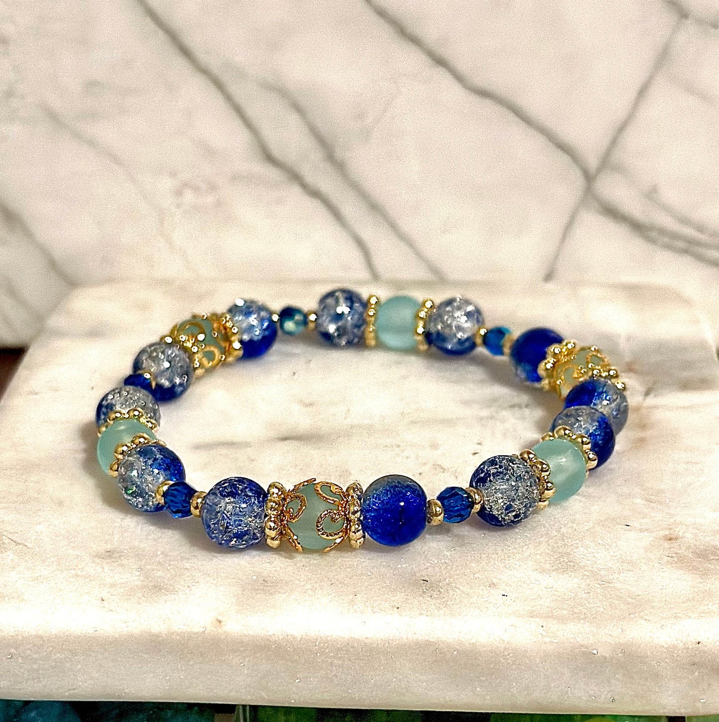 18k Gold Plated Crystal Bracelet/ Sapphire Beads