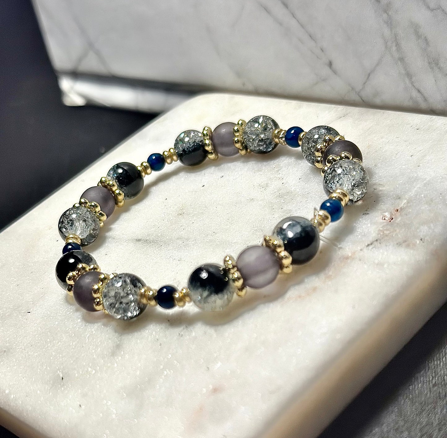 Crystal Bracelet / Crackled Glass / Agate GemStone/ Black & Clear