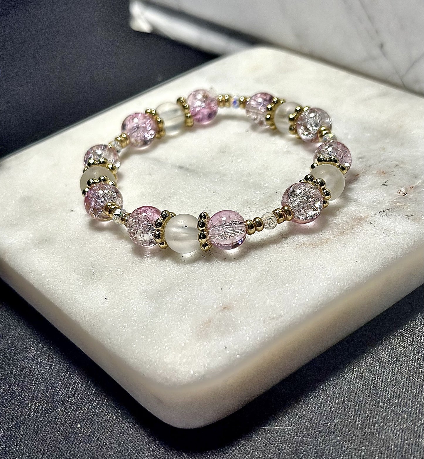Crystal Bracelet / Crackled Glass / Blossom Pink