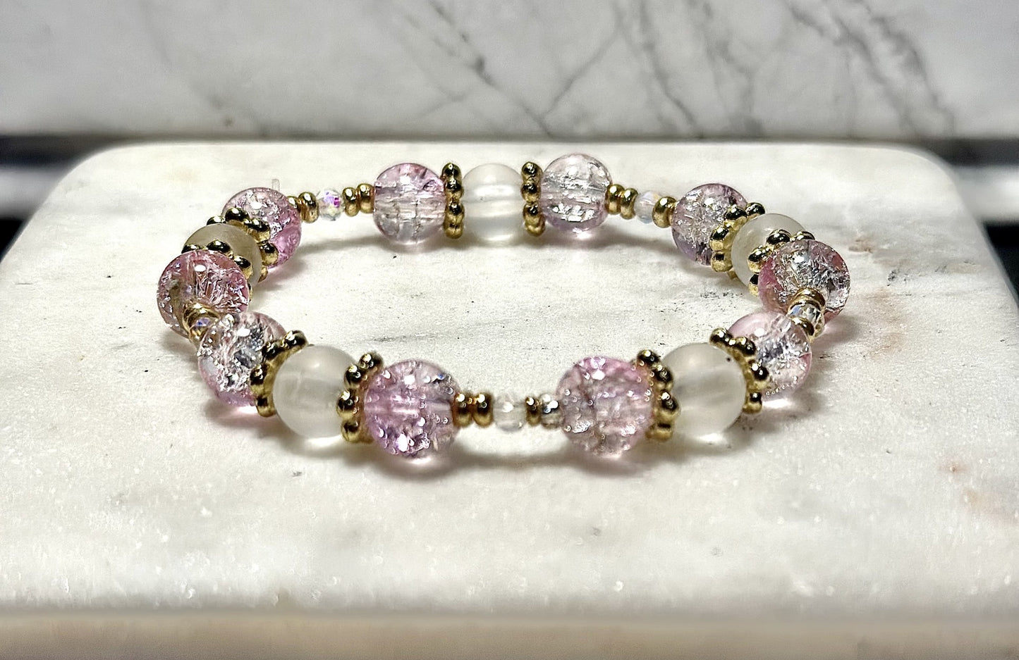 Crystal Bracelet / Crackled Glass / Blossom Pink