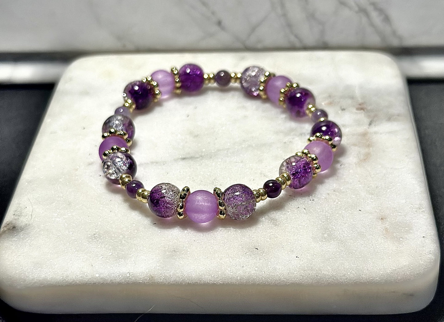 Crystal Bracelet / Crackled Glass / Amathyst Gemstone / Purple &Clear