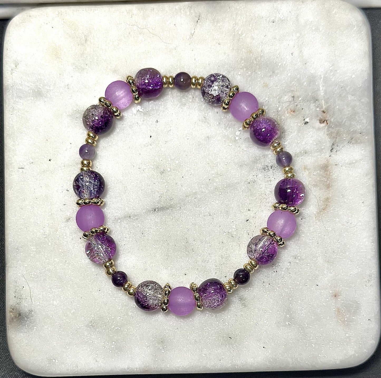 Crystal Bracelet / Crackled Glass / Amathyst Gemstone / Purple &Clear
