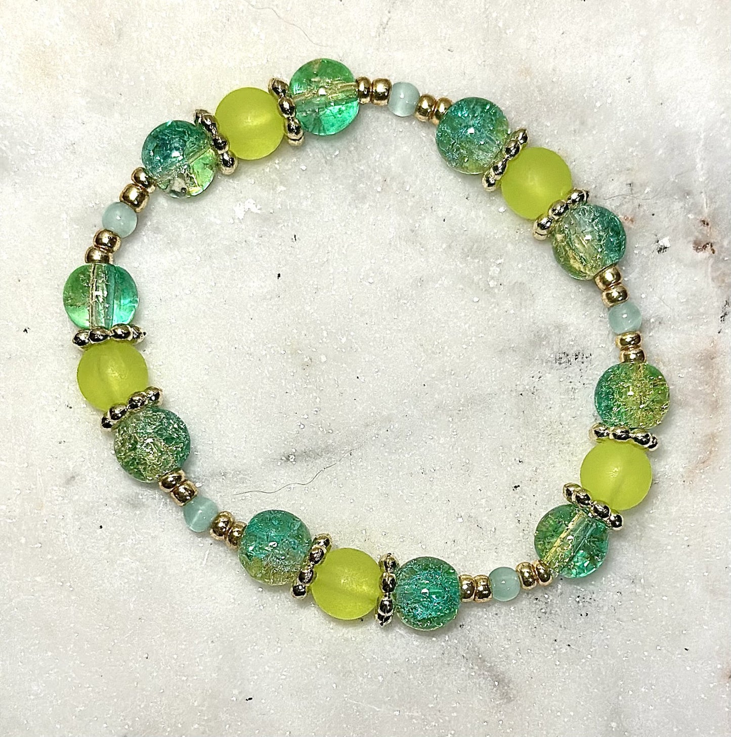 Crystal Bracelet / Crackled Glass / Cat's Eye / Green & yellow