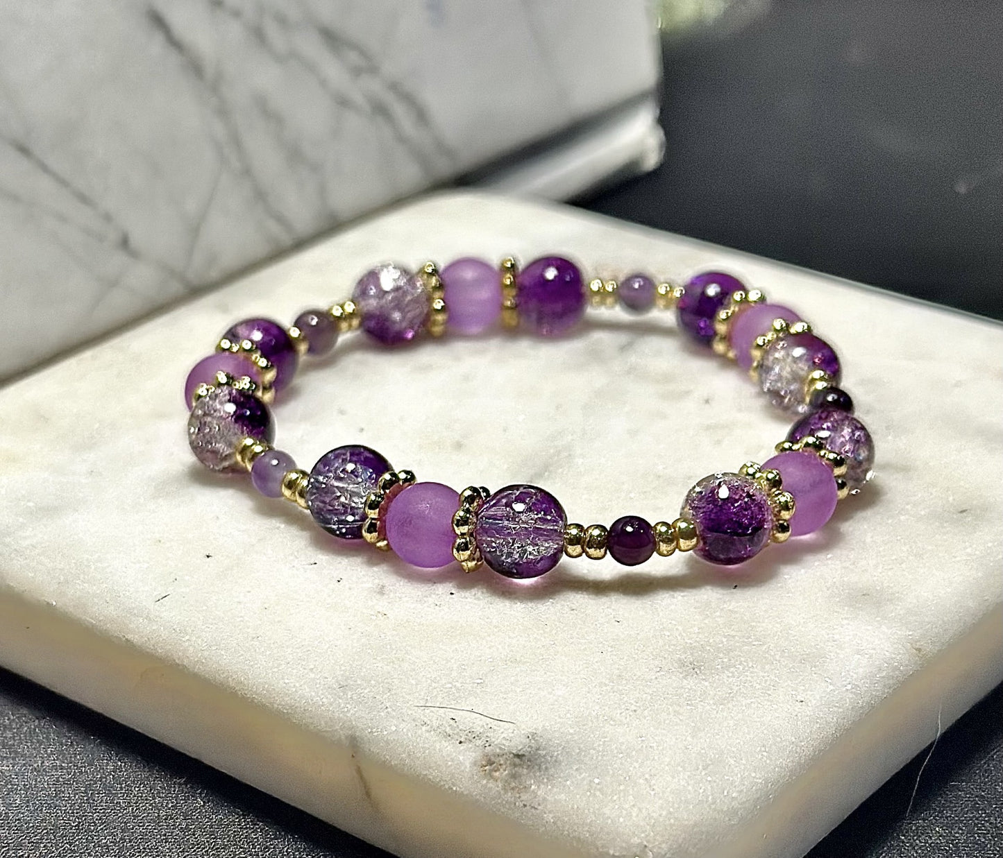 Crystal Bracelet / Crackled Glass / Amathyst Gemstone / Purple &Clear