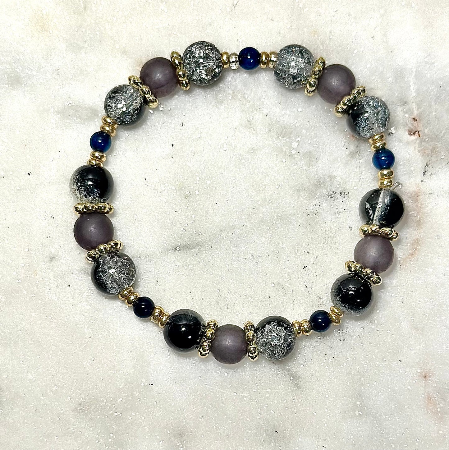 Crystal Bracelet / Crackled Glass / Agate GemStone/  Black & Clear