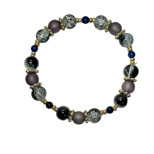 Crystal Bracelet / Crackled Glass / Agate GemStone/  Black & Clear