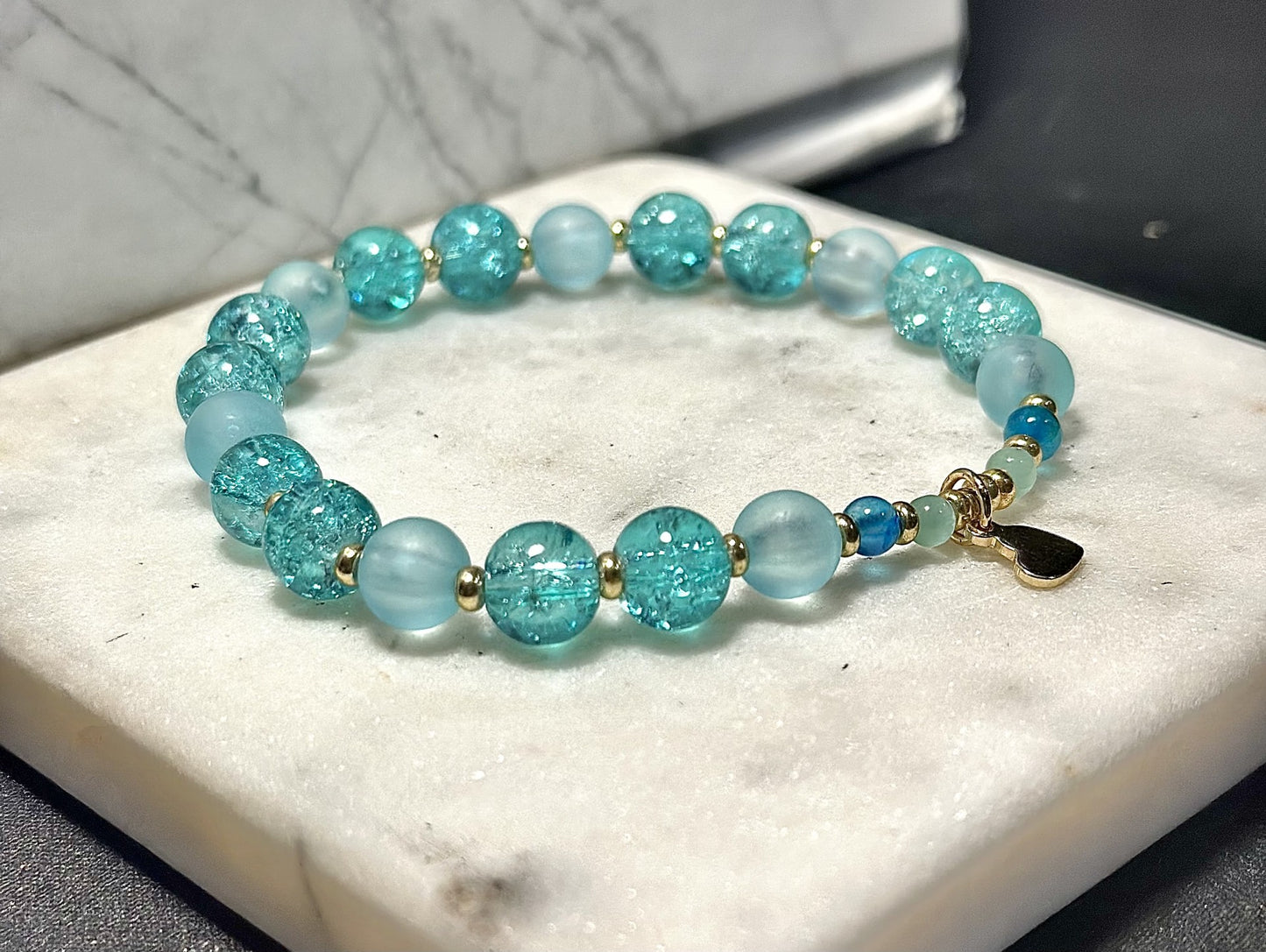 Aqua Crystal Bracelet/ Cat's Eye/ Agate Gem Stone/ Simple Gold Charm