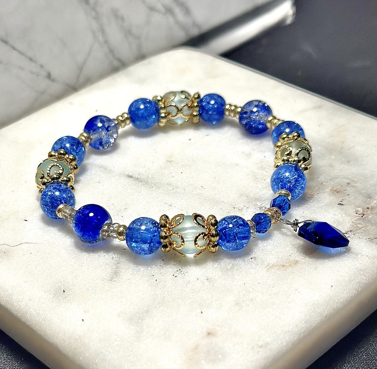 18K Gold-Plated Crystal Bracelet / Sapphire Beads / Heart-Shaped Charm