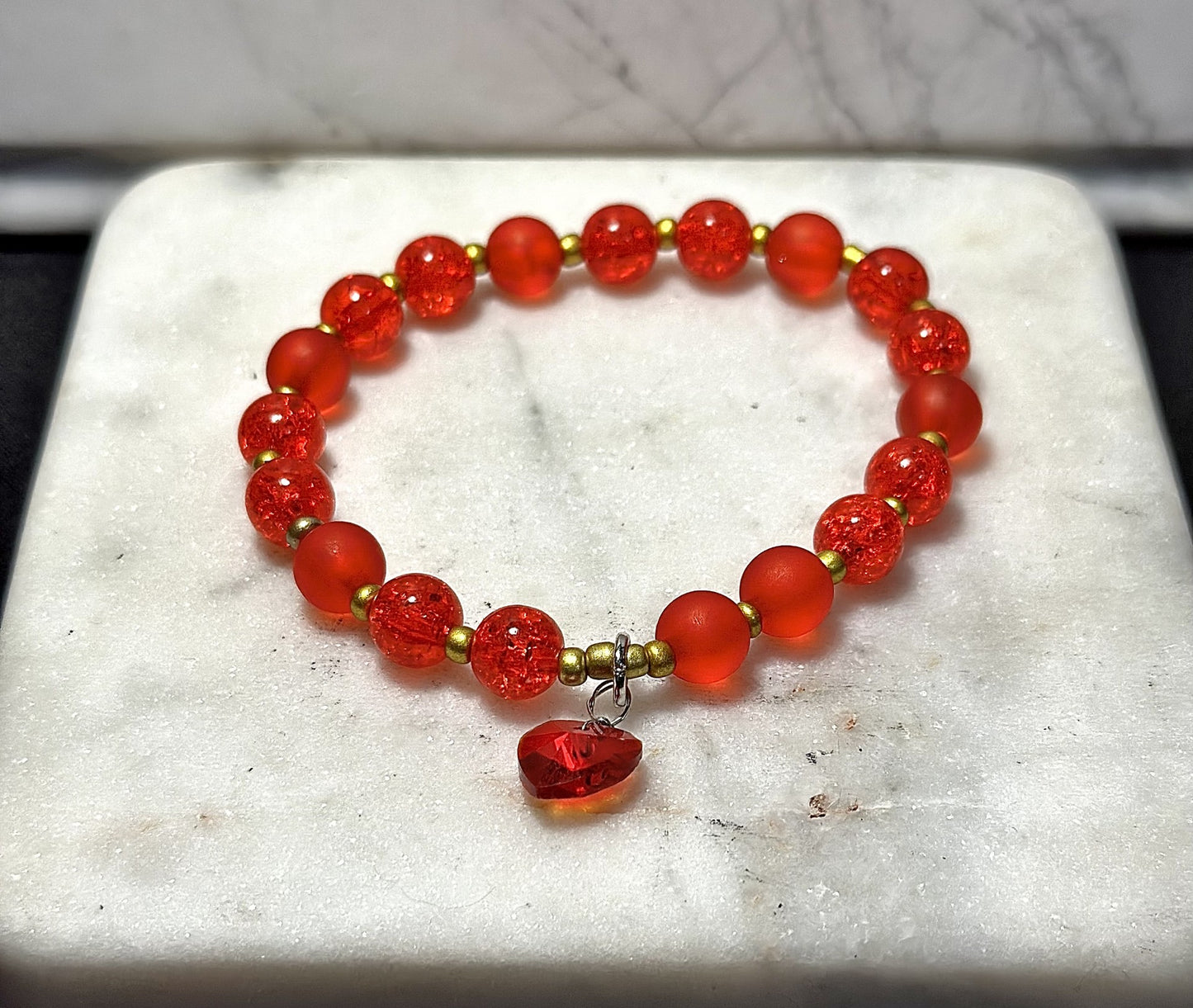 Red Crystal Bracelet / Heart-Shaped Charm