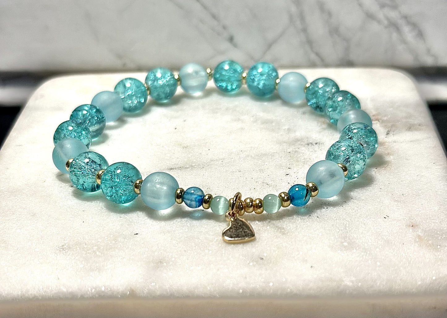 Aqua Crystal Bracelet/ Cat's Eye/ Agate Gem Stone/ Simple Gold Charm
