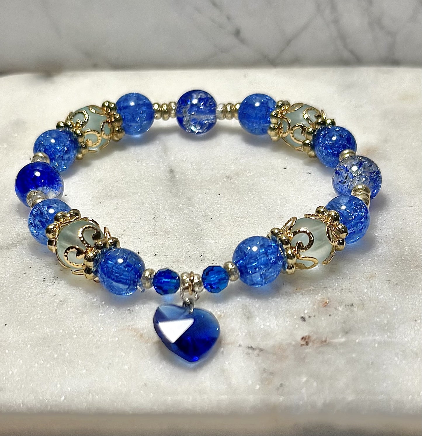18K Gold-Plated Crystal Bracelet / Sapphire Beads / Heart-Shaped Charm