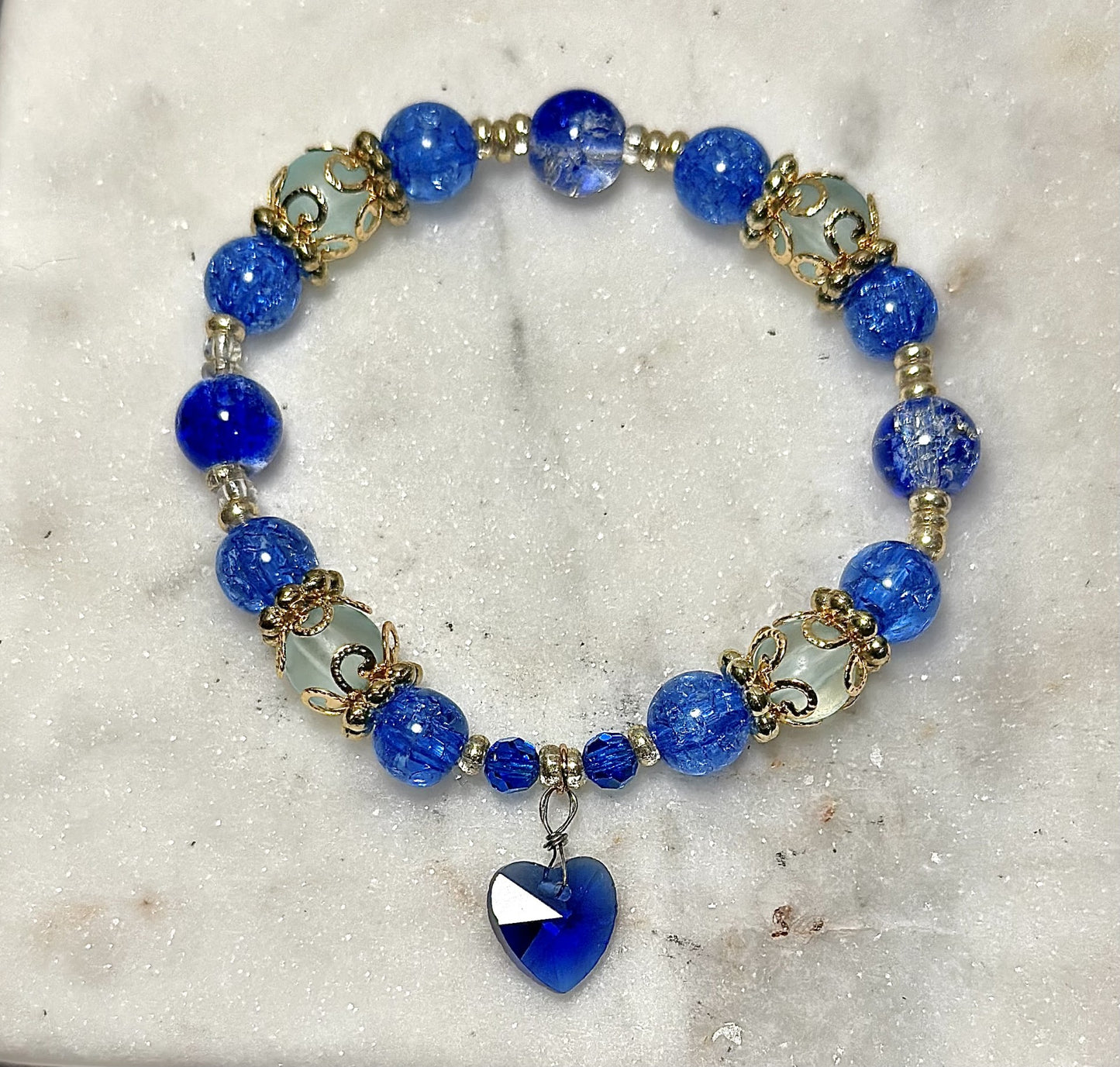 18K Gold-Plated Crystal Bracelet / Sapphire Beads / Heart-Shaped Charm