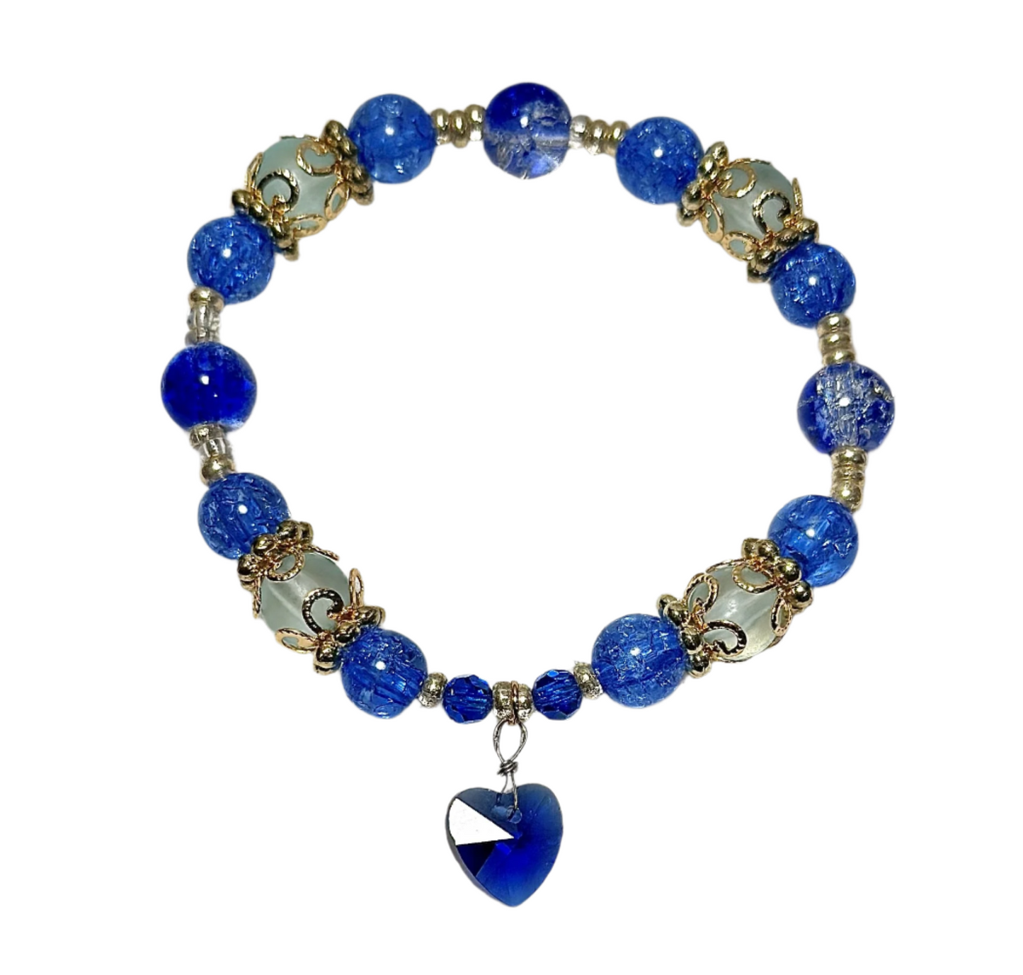 18K Gold-Plated Crystal Bracelet / Sapphire Beads / Heart-Shaped Charm