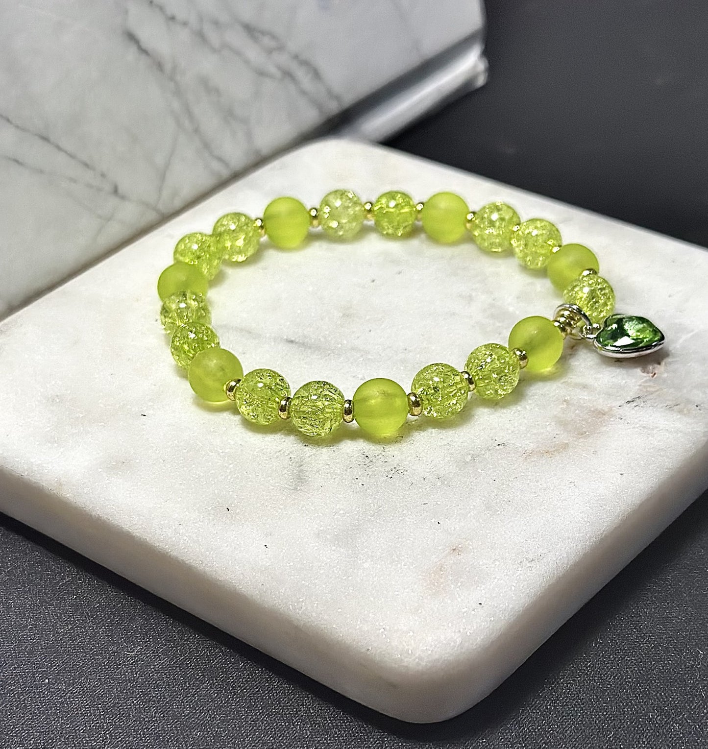 Green Crystal Bracelet / Heart-Shaped Charm