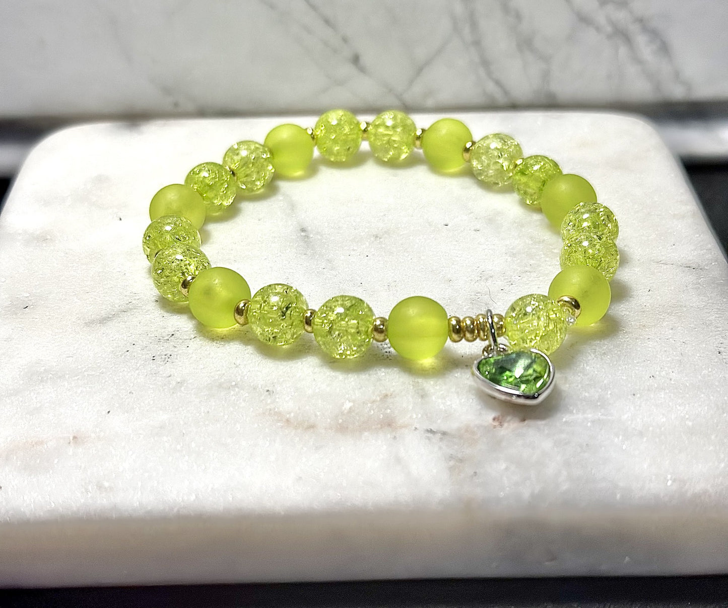 Green Crystal Bracelet / Heart-Shaped Charm